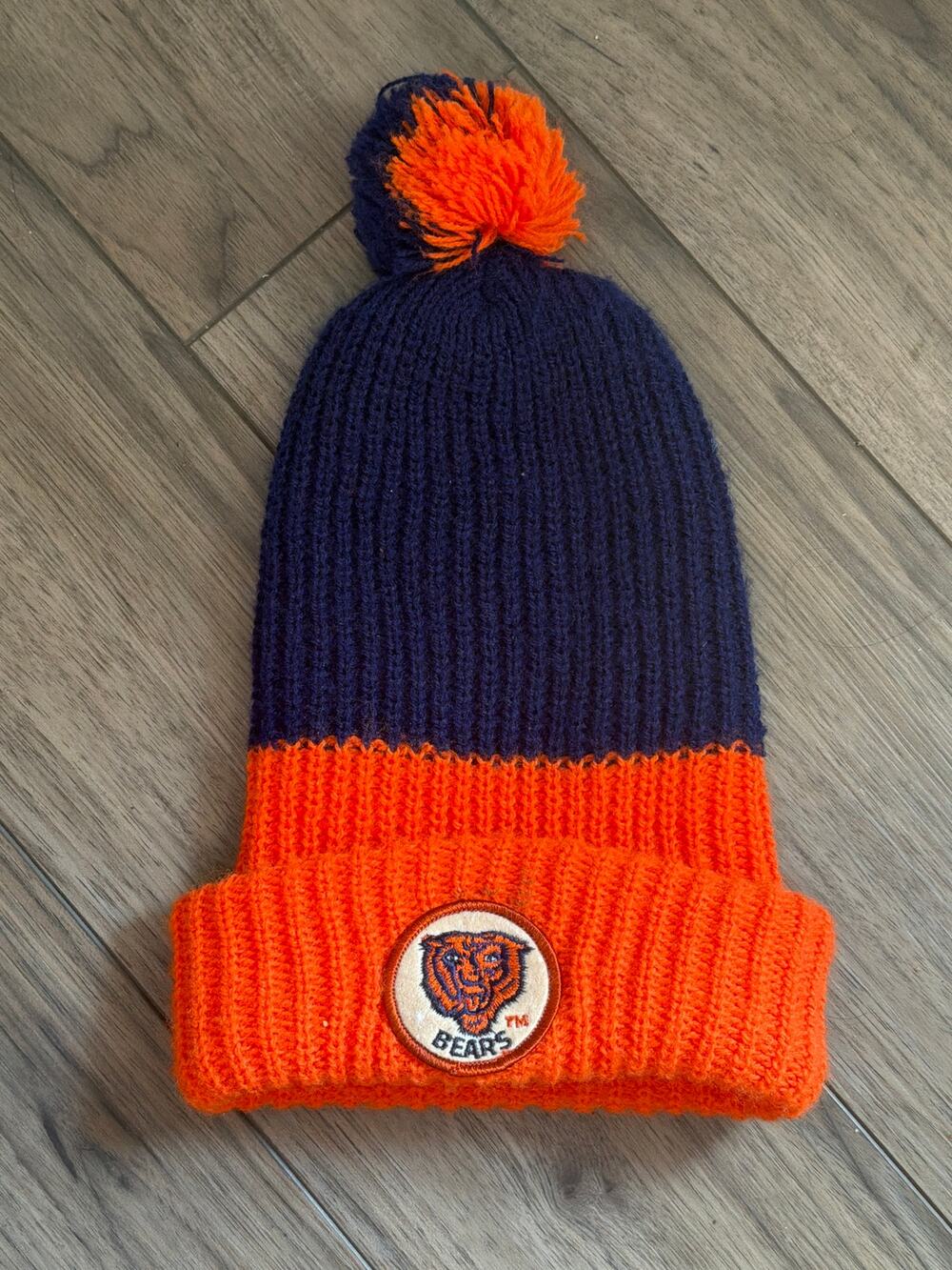 Vintage 80s Chicago Bears Pom Beanie Knit Hat Orange Blue Bear Head Patch